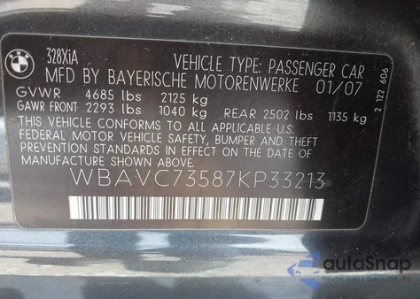 2007 BMW 328Xi z USA, uszkodzony, nr VIN WBAVC73587KP33213